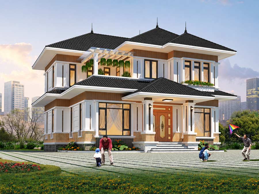 Mẫu nhà vườn 2 tầng mặt tiền 12m