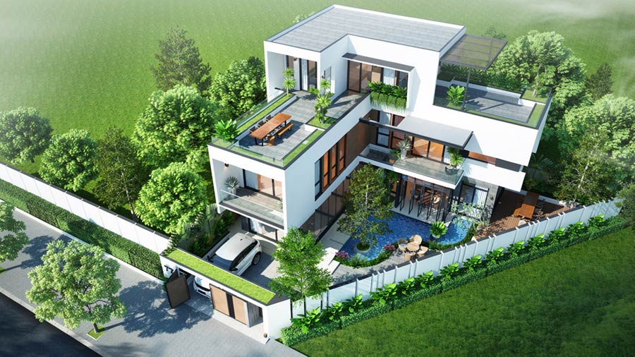 Mẫu nhà vườn chữ L 2 tầng 1 tum ở nông thôn
