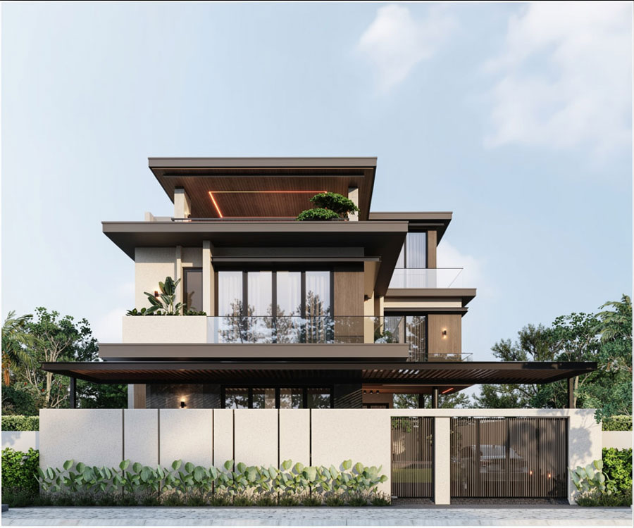 Mẫu nhà vườn chữ L 2 tầng 1 tum ở nông thôn