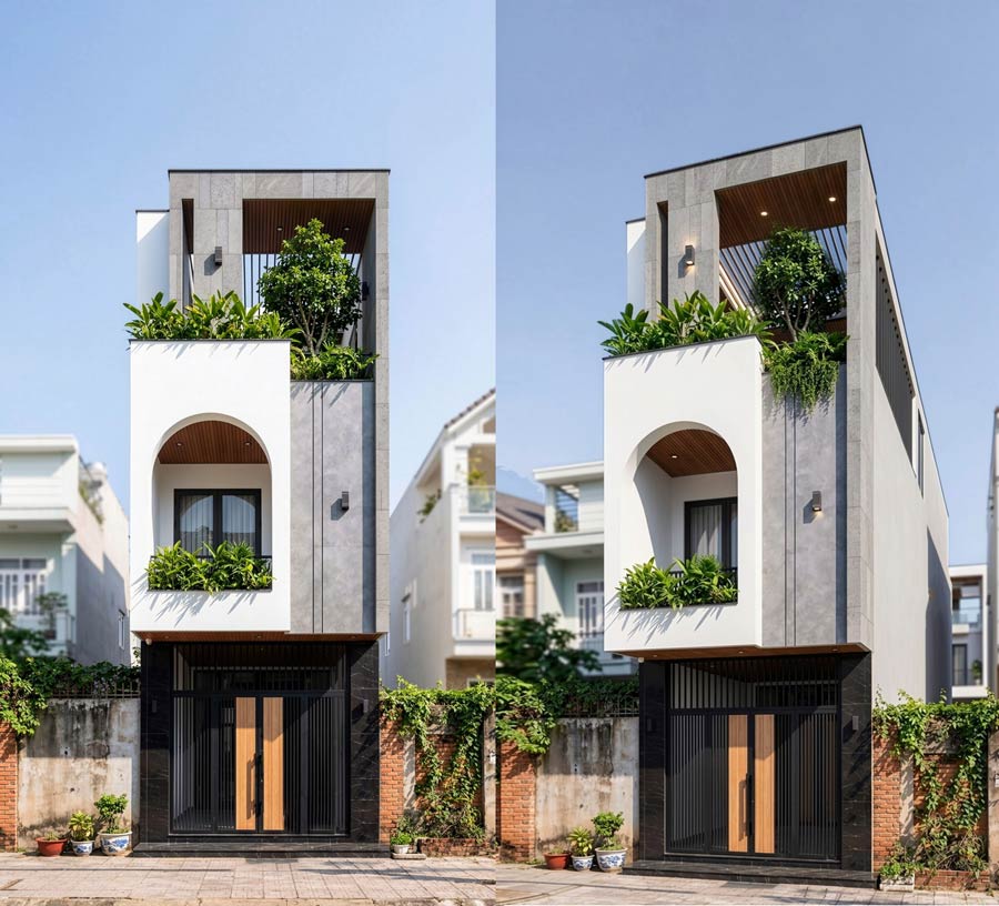 Mẫu nhà 2 tầng 1 tum 4 phòng ngủ có gara