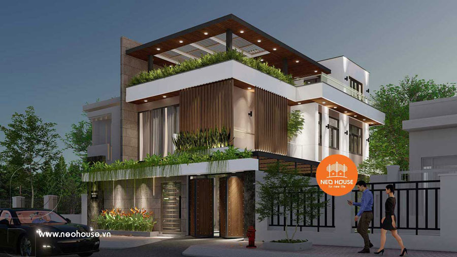 Thiết kế nhà 2 tầng 1 tum 4 phòng ngủ có sân vườn