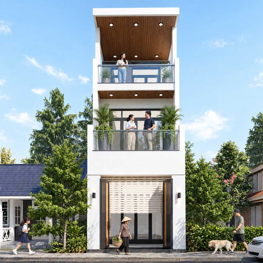 Thiết kế nhà 2 tầng 1 tum 4x15m hiện đại