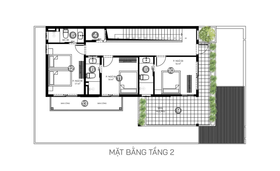 Mặt bằng lầu 1 nhà chữ L 2 tầng 5 phòng ngủ