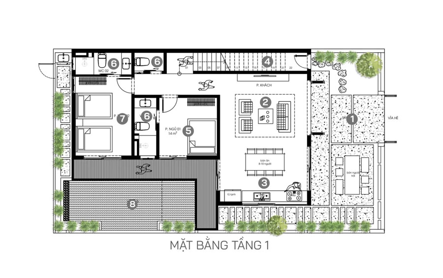 Mặt bằng tầng trệt nhà chữ L 2 tầng 5 phòng ngủ