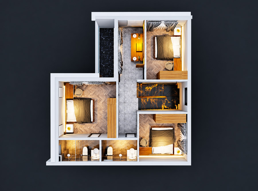 Bản vẽ mặt bằng lầu 1 nhà chữ L 2 tầng 70m2