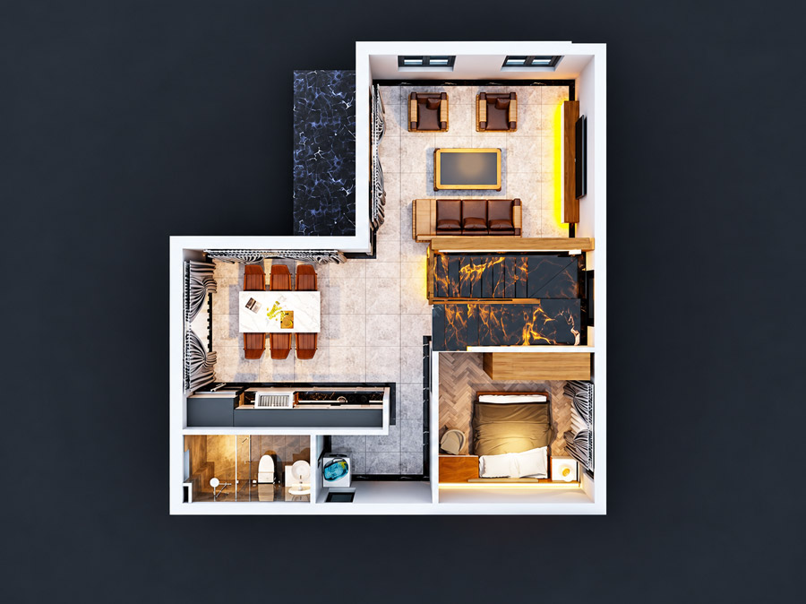 Bản vẽ mặt bằng tầng trệt nhà chữ L 2 tầng 70m2