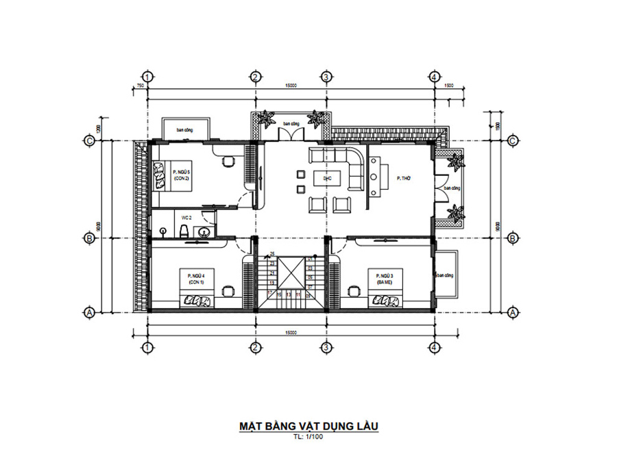 Mặt bằng công năng tầng trệt nhà mái Thái 2 tầng mặt tiền 8m