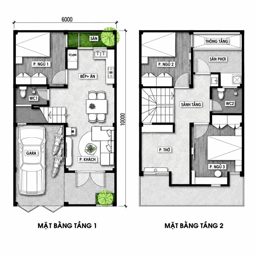 Bản vẽ thiết kế nhà chữ L 2 tầng 60m2 3 phòng ngủ