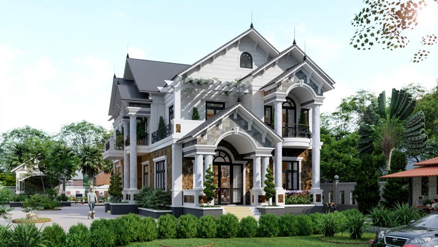 Mẫu biệt thự nhà vườn 2 tầng mái Thái tân cổ điển