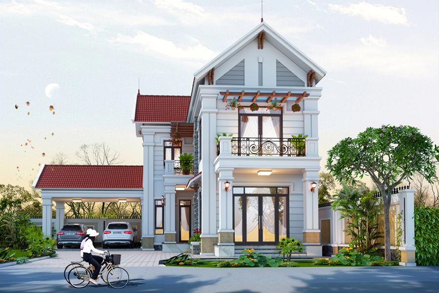 Mẫu nhà mái Thái 2 tầng 8x12 có gara