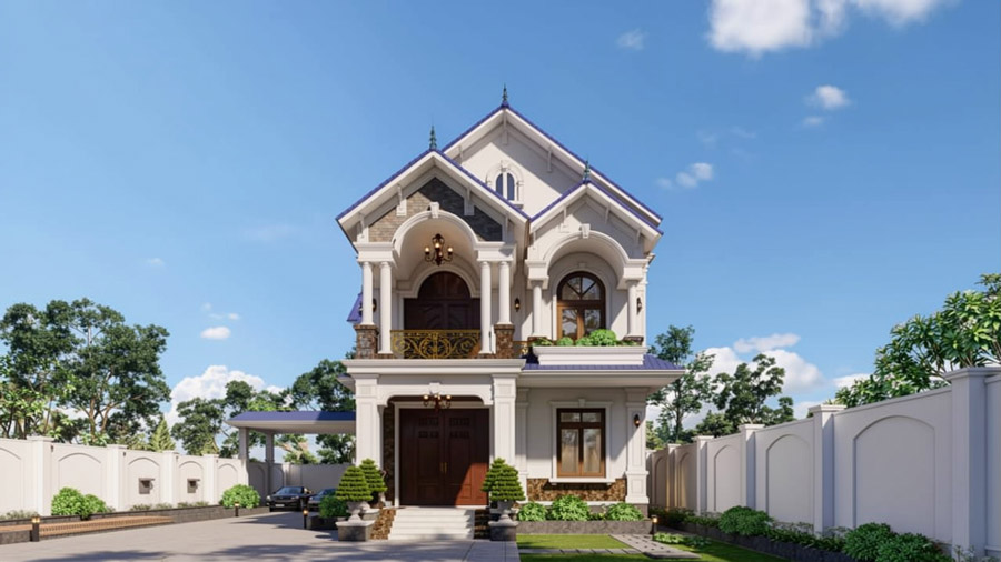 Mẫu nhà mái Thái 2 tầng 8x12 có sân vườn
