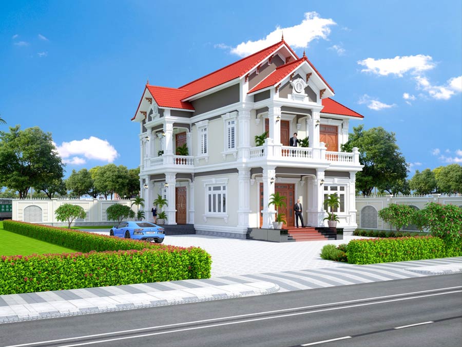Mẫu nhà 2 tầng mái Thái ngói đỏ đẹp