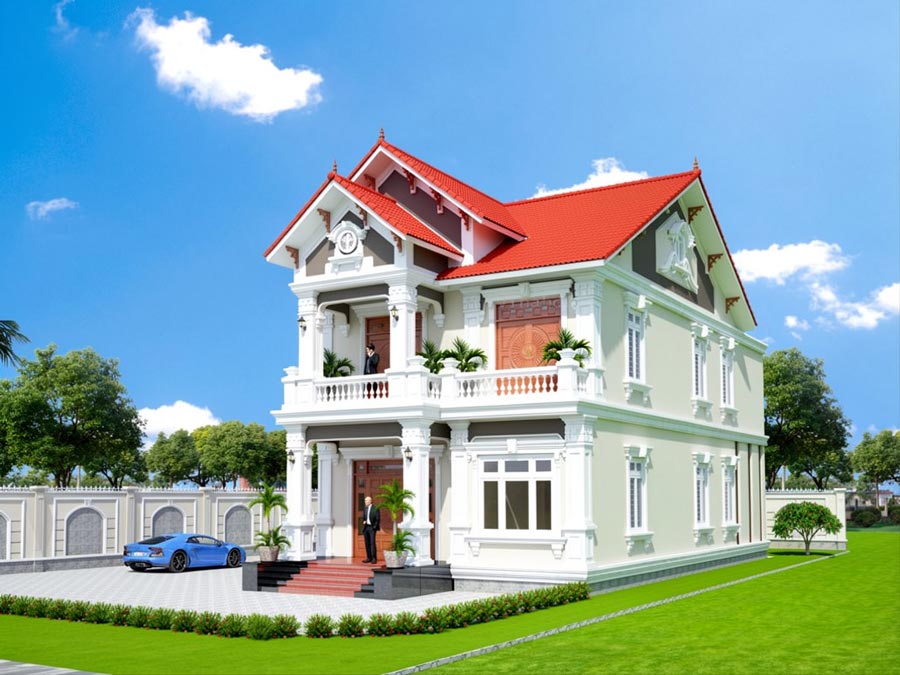 Mẫu nhà 2 tầng mái Thái ngói đỏ đẹp