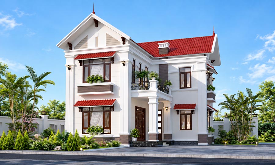 Mẫu nhà 2 tầng mái ngói đỏ chữ L