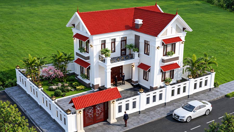 Mẫu nhà 2 tầng mái ngói đỏ chữ L