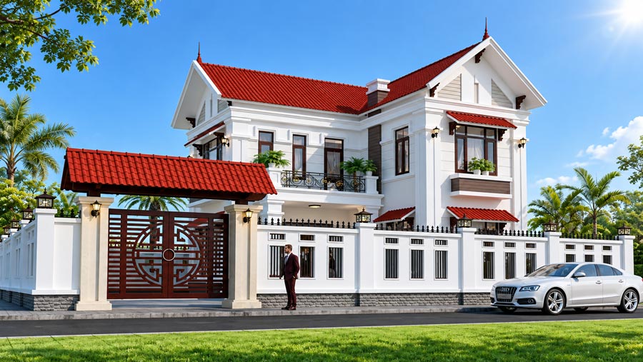 Mẫu nhà 2 tầng mái ngói đỏ chữ L