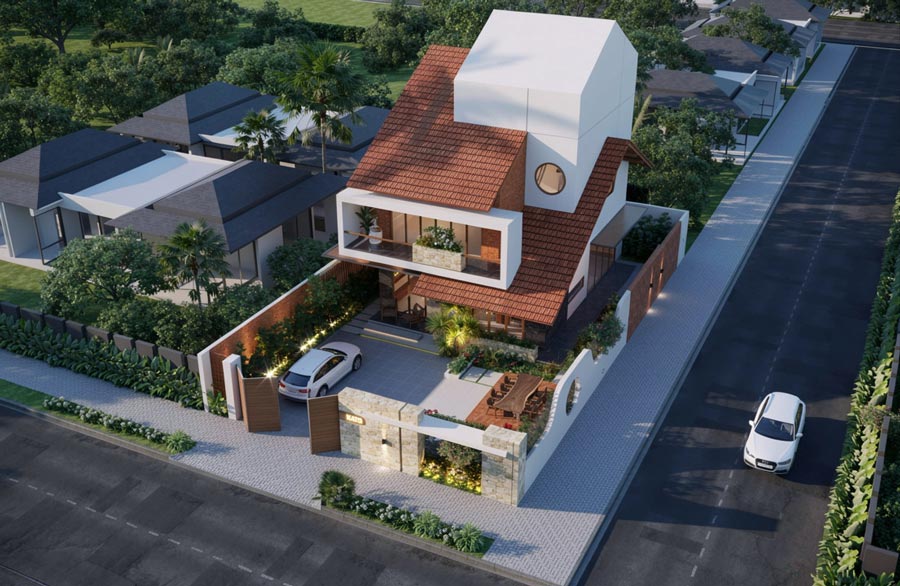 Mẫu nhà 2 tầng mái ngói đỏ hiện đại