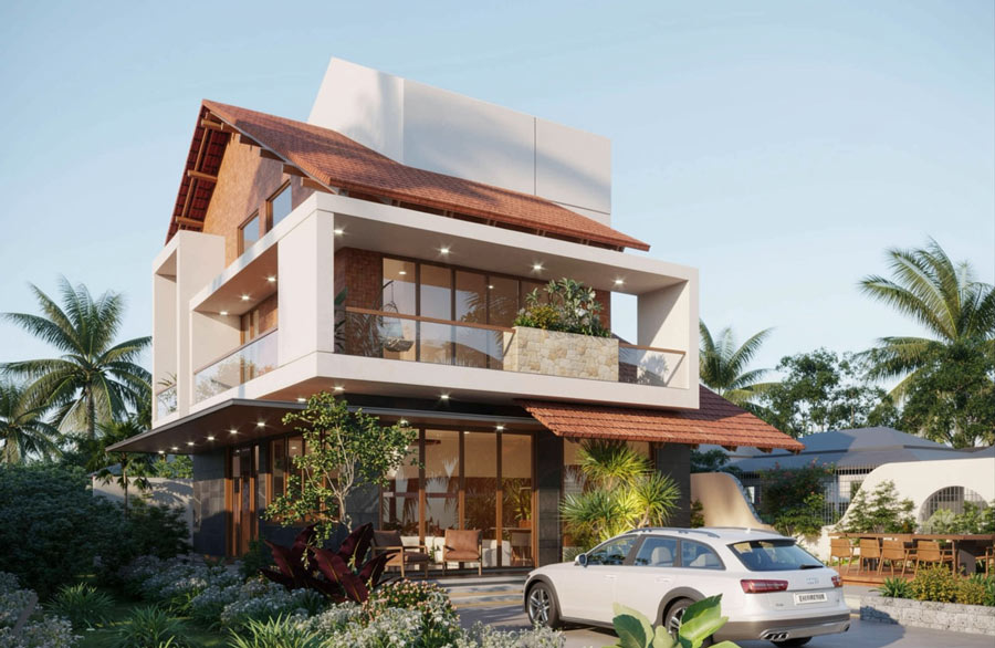 Mẫu nhà 2 tầng mái ngói đỏ hiện đại