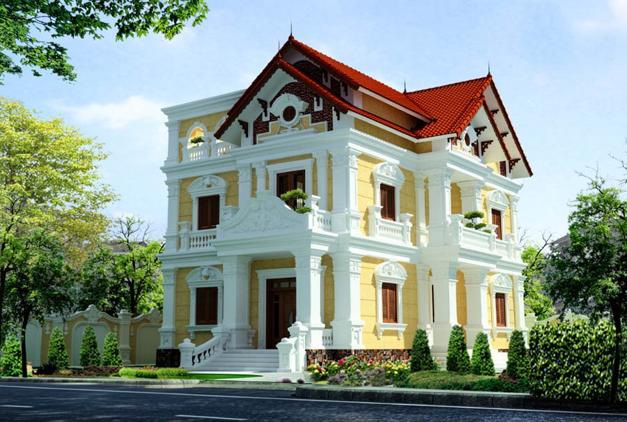Mẫu nhà 2 tầng mái ngói đỏ tân cổ điển