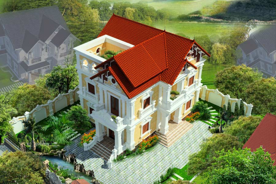 Mẫu nhà 2 tầng mái ngói đỏ tân cổ điển