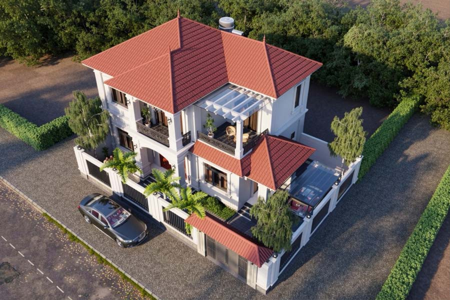 Mẫu nhà 2 tầng mái ngói đỏ tân cổ điển