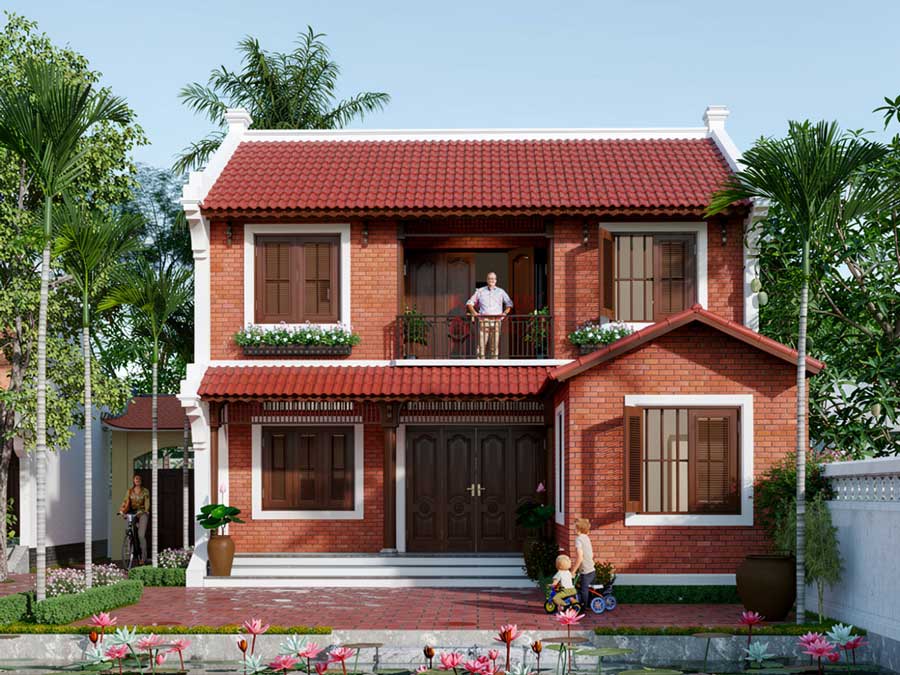 Mẫu nhà 2 tầng mái ngói đỏ truyền thống