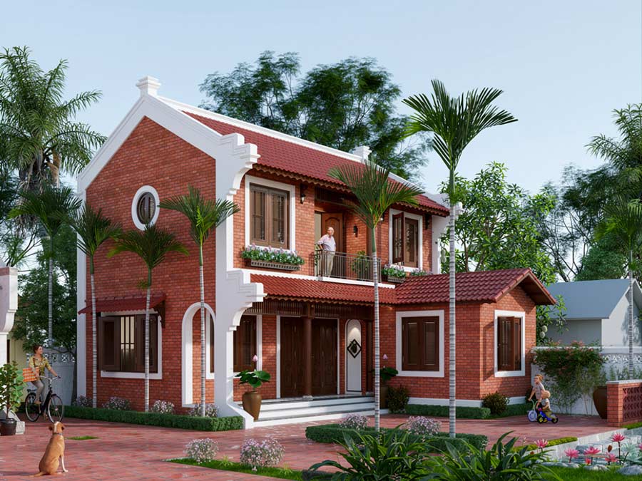 Mẫu nhà 2 tầng mái ngói đỏ truyền thống
