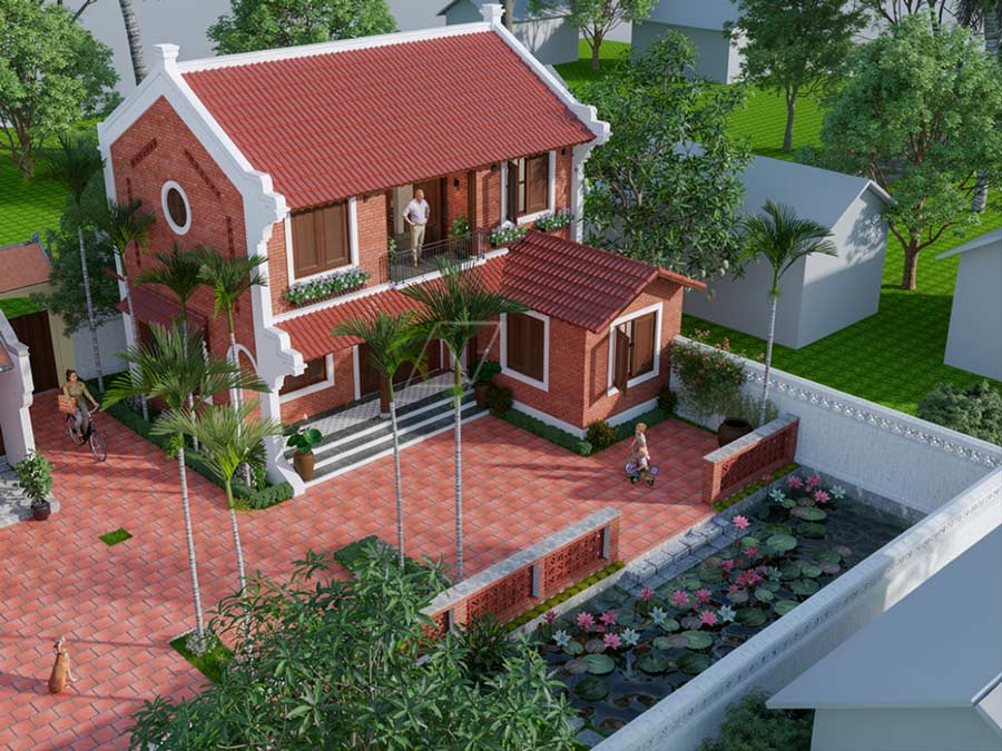 Mẫu nhà 2 tầng mái ngói đỏ truyền thống
