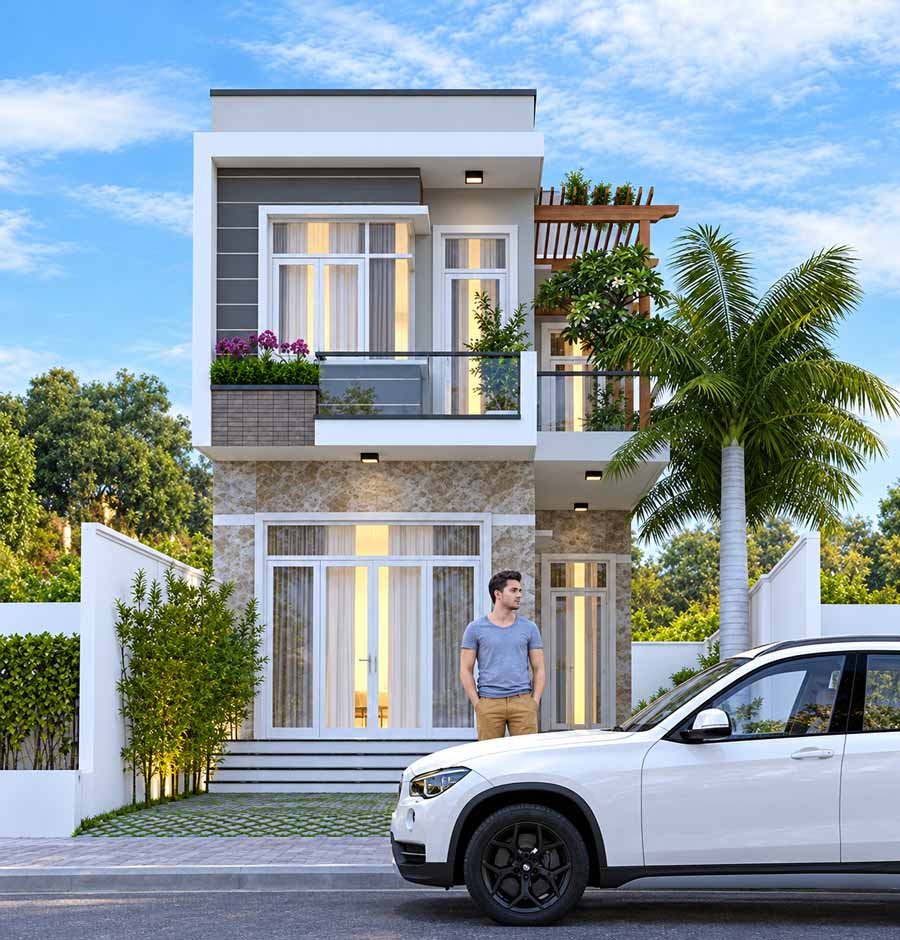 Mẫu nhà chữ L 2 tầng 400 triệu 3 phòng ngủ