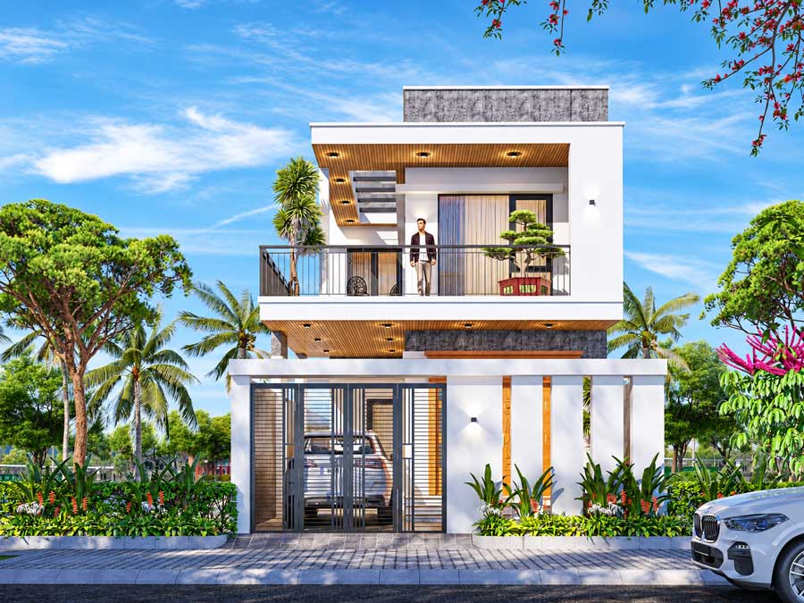Mẫu nhà chữ L 2 tầng 400 triệu mái bằng