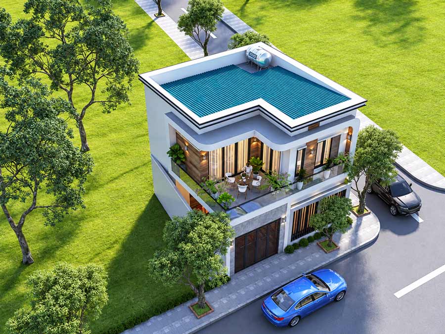Mẫu nhà chữ L 2 tầng 400 triệu mái tôn