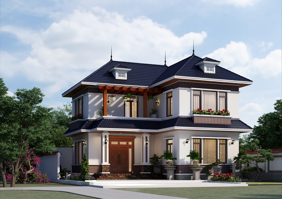 Mẫu nhà chữ L 2 tầng 5 phòng ngủ 1 phòng thờ