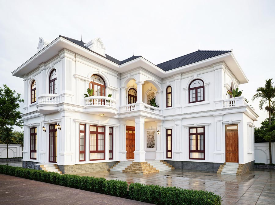 Mẫu nhà chữ L 2 tầng 5 phòng ngủ 1 phòng thờ
