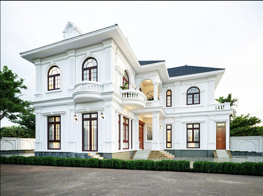 Mẫu nhà chữ L 2 tầng 5 phòng ngủ 1 phòng thờ