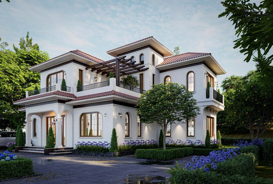 Mẫu nhà chữ L 2 tầng 5 phòng ngủ phong cách Địa Trung Hải