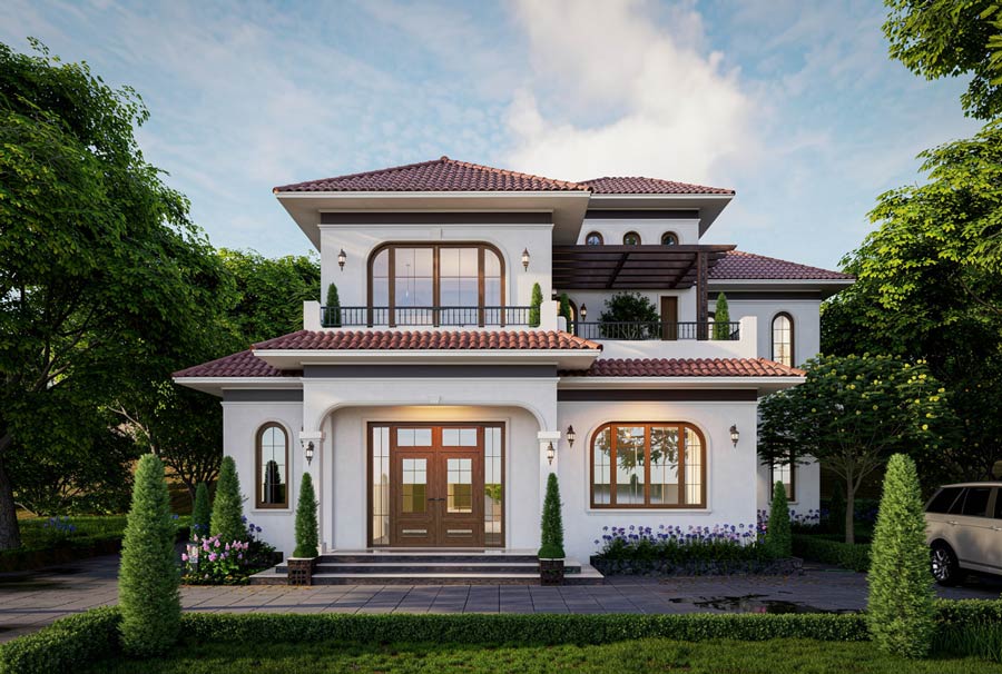 Mẫu nhà chữ L 2 tầng 5 phòng ngủ phong cách Địa Trung Hải