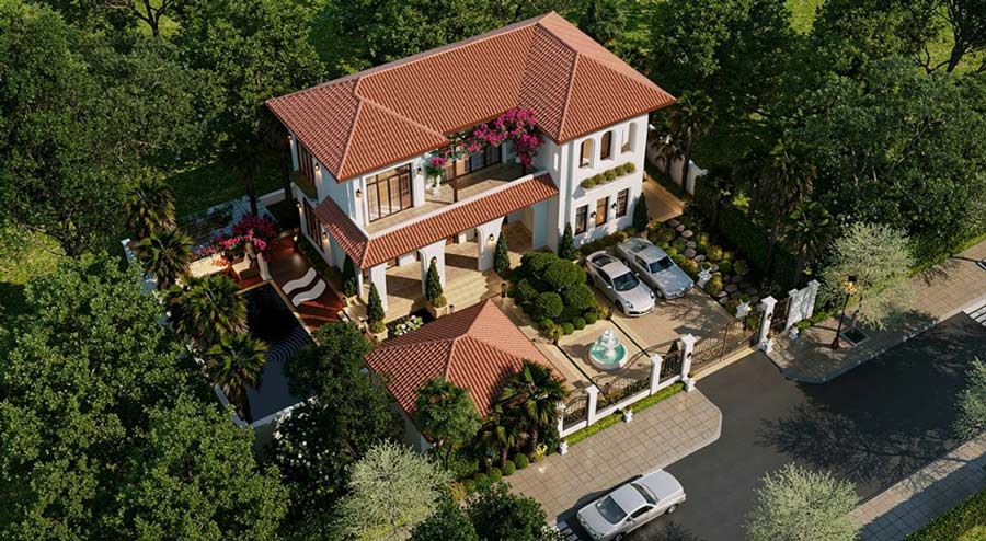 Mẫu nhà chữ L 2 tầng 5 phòng ngủ phong cách Địa Trung Hải