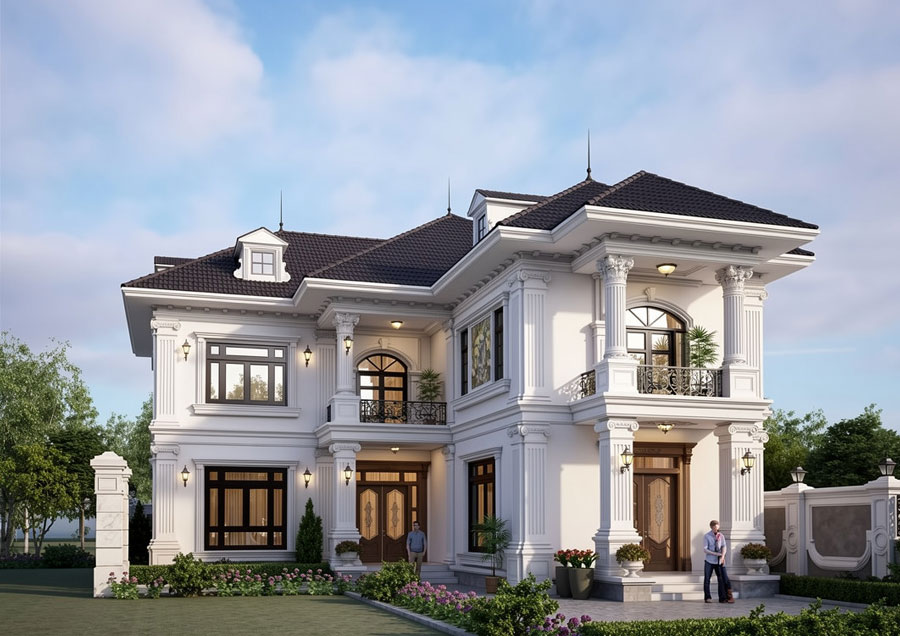 Mẫu nhà chữ L 2 tầng 5 phòng ngủ tân cổ điển