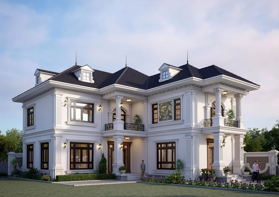 Mẫu nhà chữ L 2 tầng 5 phòng ngủ tân cổ điển