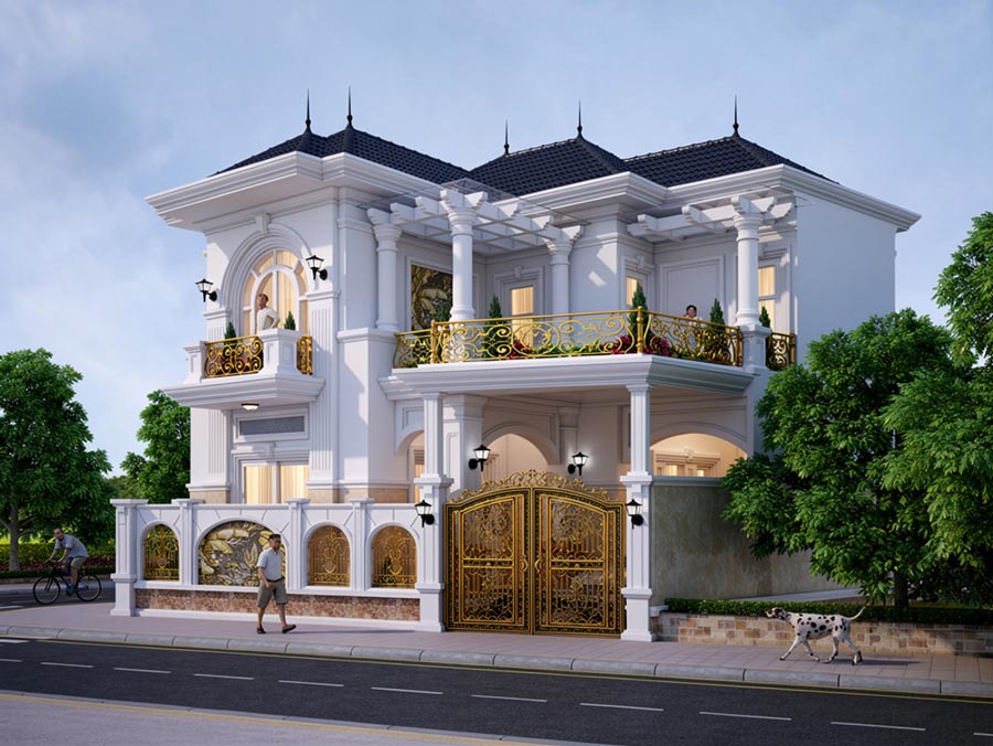 Mẫu nhà chữ L 2 tầng 5 phòng ngủ tân cổ điển