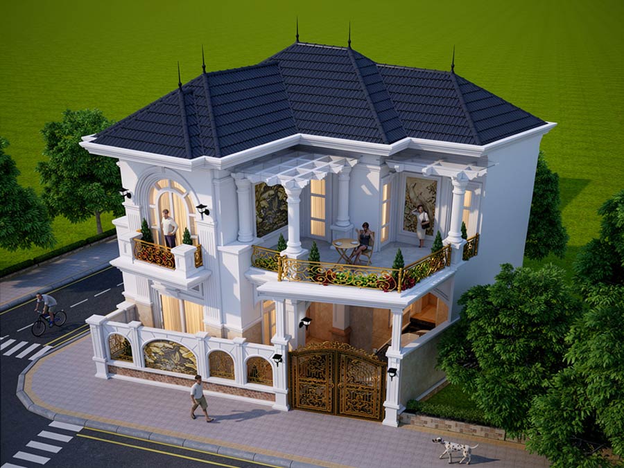 Mẫu nhà chữ L 2 tầng 5 phòng ngủ tân cổ điển