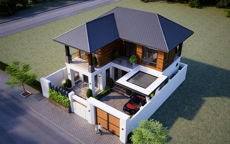 Mẫu thiết kế nhà chữ L 2 tầng 5 phòng ngủ có gara