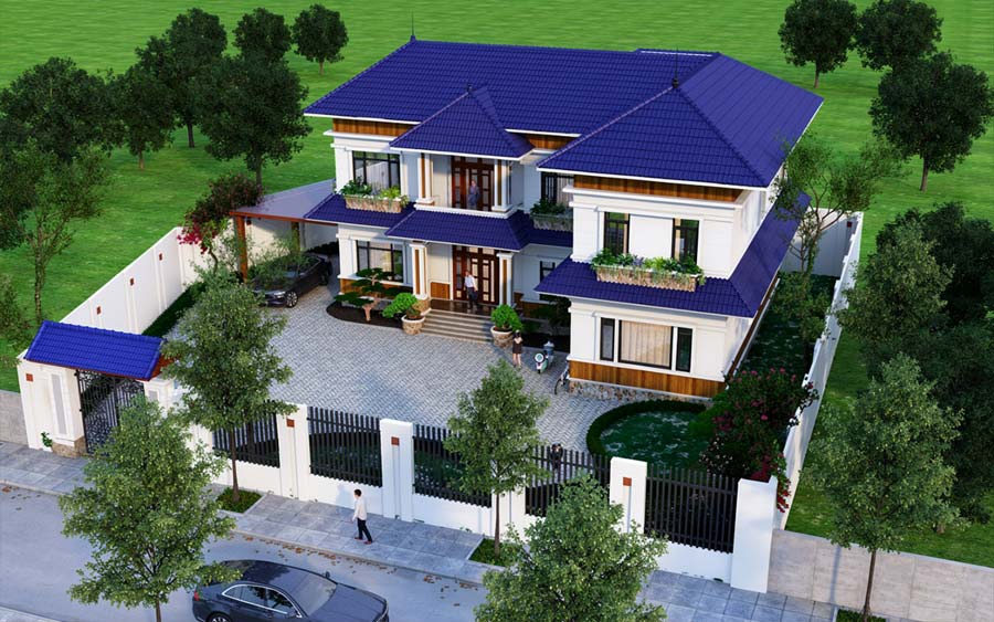 Mẫu thiết kế nhà chữ L 2 tầng 5 phòng ngủ có gara