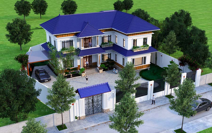 Mẫu thiết kế nhà chữ L 2 tầng 5 phòng ngủ có gara