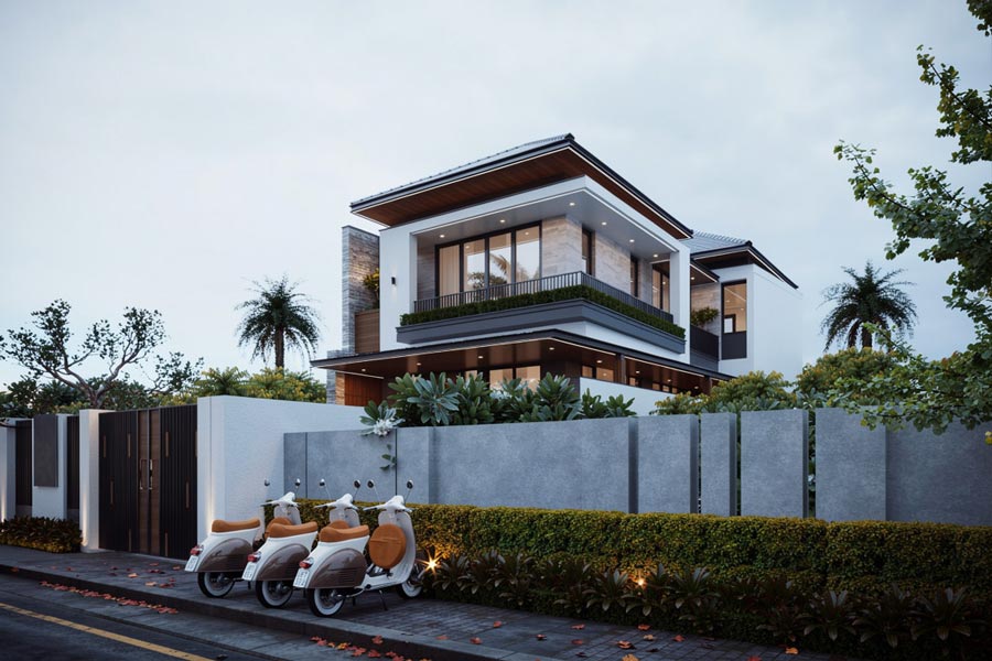 Mẫu nhà chữ L 2 tầng 5 phòng ngủ hiện đại