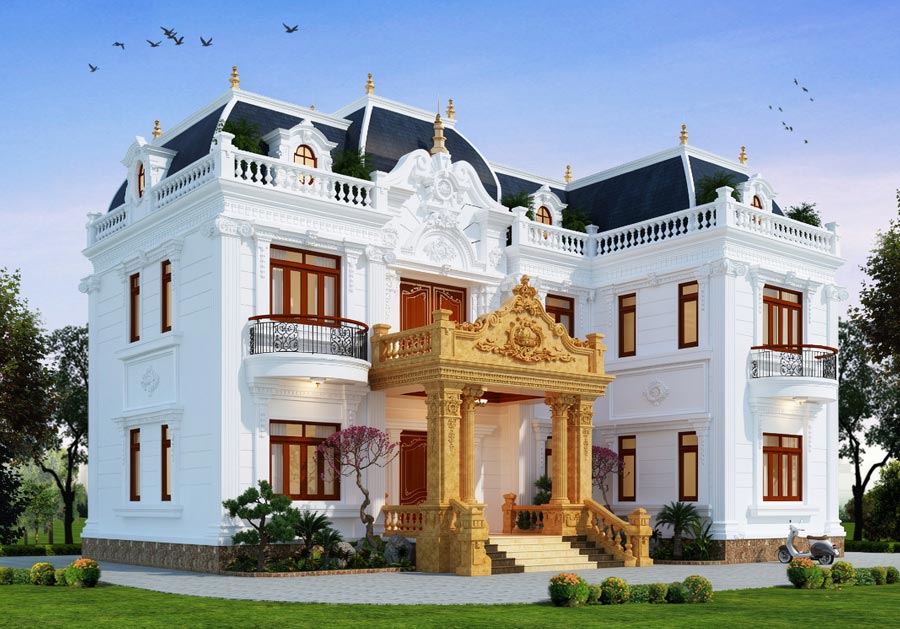 Mẫu nhà chữ L 2 tầng 5 phòng ngủ kiểu Pháp