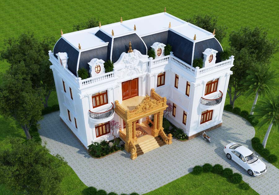 Mẫu nhà chữ L 2 tầng 5 phòng ngủ kiểu Pháp