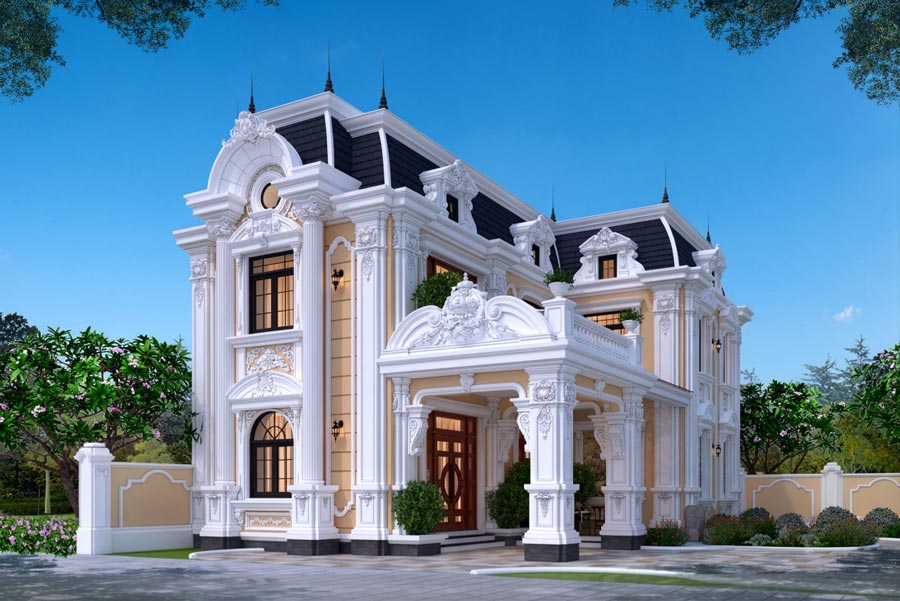 Mẫu nhà chữ L 2 tầng 5 phòng ngủ kiểu Pháp