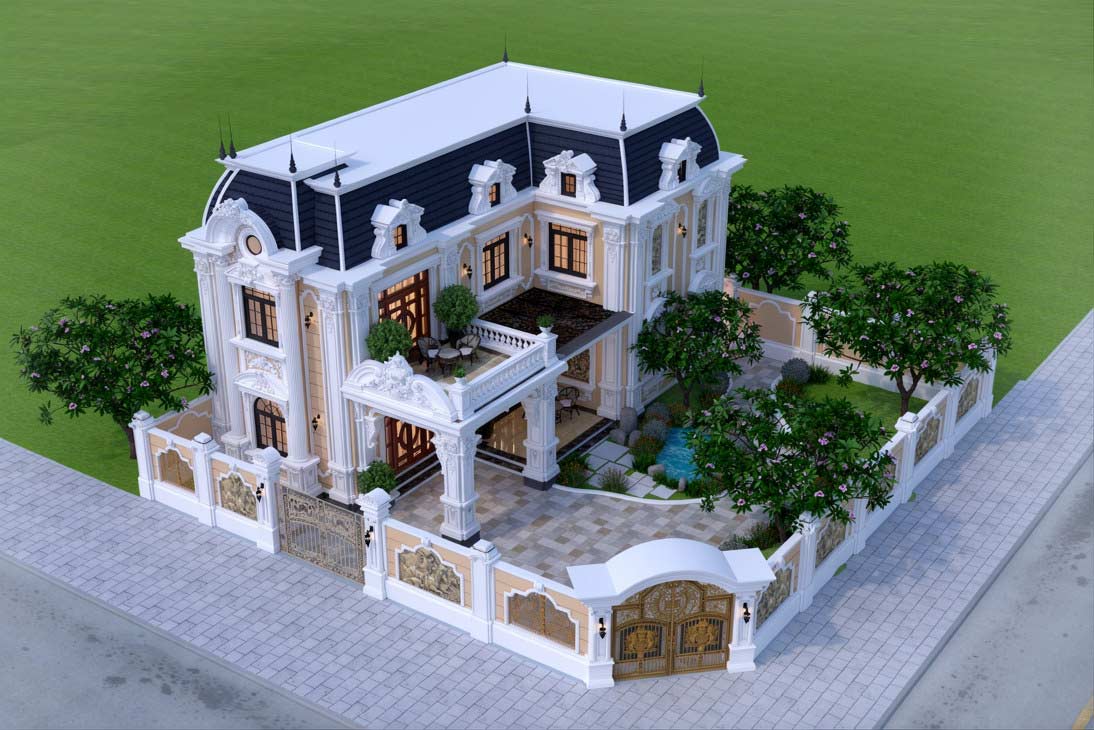 Mẫu nhà chữ L 2 tầng 5 phòng ngủ kiểu Pháp