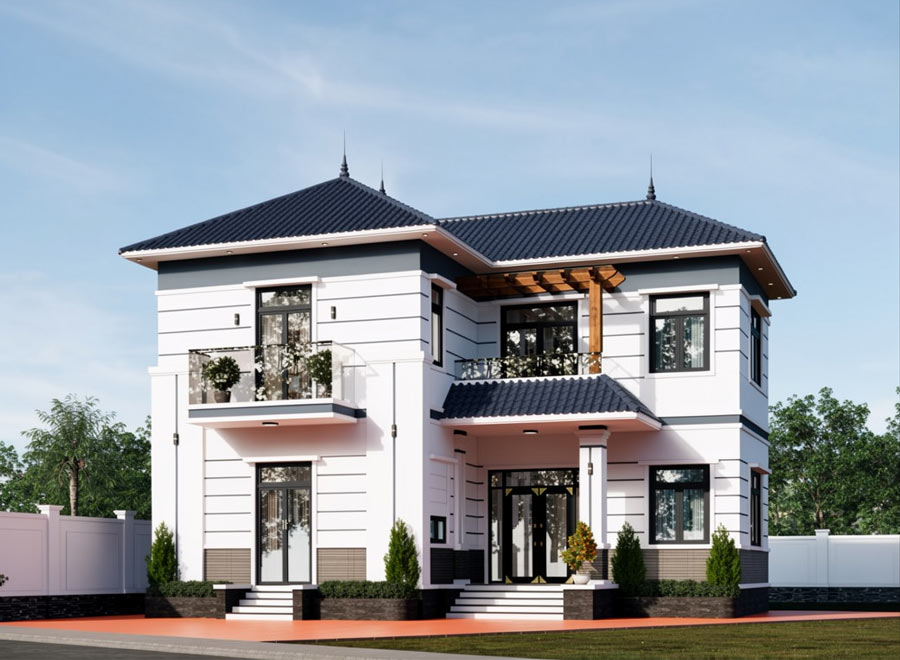 Mẫu nhà chữ L 2 tầng 5 phòng ngủ mái Nhật
